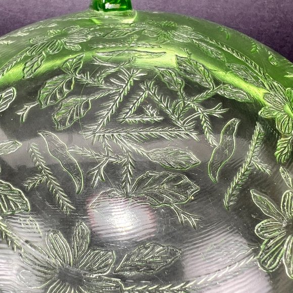 Vtg US Glass Rose Thorn Green Depression Vaseline Uranium Bowl 3 Toe Footed 30s - Picture 9 of 16
